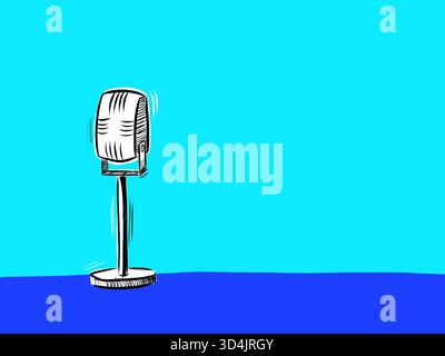 Illustration de dessin animé d'un microphone podcast à l'ancienne. Il a un stand et est sur un sol bleu royal, l'arrière-plan est un bleu cyan Uni. Banque D'Images