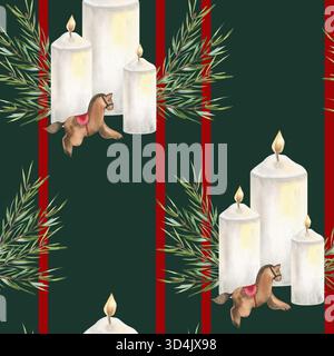 Motif aquarelle holly de Noël sans couture avec décor de bougies blanches festives avec branches d'épicéa et illustration de jouet vintage en bois. Nouvel an geomet Banque D'Images