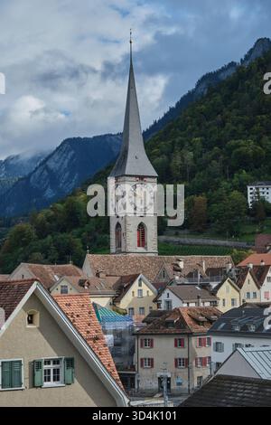 Vue sur la Coire Altstadt et l'église St Martins depuis Rosenhügel Banque D'Images