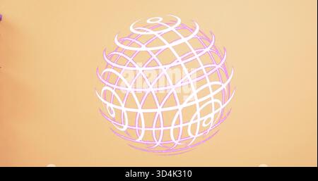 Globe filaire flottant montrant des rubans roses-blancs et des taches sur fond pêche, accent violet Banque D'Images