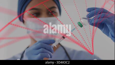 Dessin d'une infirmière masquée et bleutée dans une seringue de préparation de gommages, dessin d'un flacon vert, recouvrement rouge Banque D'Images