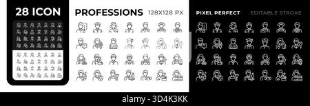 Professions pixel Perfect icônes de ligne noir et blanc défini Illustration de Vecteur