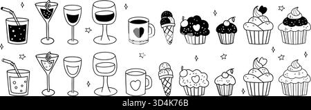 Nourriture sucrée, dessert et boissons Doodle Set. Verres isolés avec boissons, limonade, tasse, crème glacée et gâteaux Cupcakes dessins à la main sur blanc. Vecteur il Illustration de Vecteur