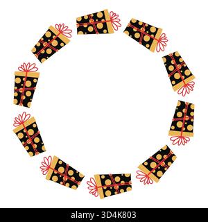 Cadre rond avec un cadeau festif pour Noël ou anniversaire. Boîte cadeau mignonne dans un style plat. Illustration confortable pour cartes, affiches, emballage, scrapbooking, Illustration de Vecteur