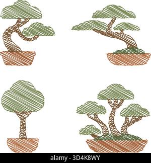 Une tuile de motif répété affiche plusieurs arbres bonsaï en pot dans un style organique dessiné à la main Illustration de Vecteur