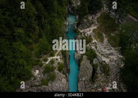Vue aérienne de la rivière Soca turquoise vive sculpte son chemin à travers une gorge accidentée, embrassée par des forêts verdoyantes, Soca, Bovec, Slovénie. Banque D'Images