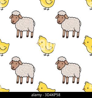 Modèle vectoriel sans couture avec des moutons et des poussins de bande dessinée adorables sur un fond blanc, parfait pour les thèmes de Pâques et de printemps. Illustration de Vecteur