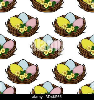 Motif vectoriel sans couture de nids de Pâques remplis d'œufs de couleur pastel et de délicates primroses jaunes, évoquant une joyeuse célébration printanière. Illustration de Vecteur