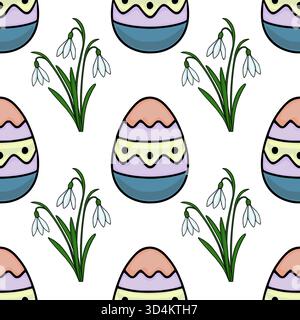Motif vectoriel sans couture avec des œufs de Pâques pastel et de délicates fleurs en forme de goutte de neige, évoquant une douce célébration printanière. Illustration de Vecteur