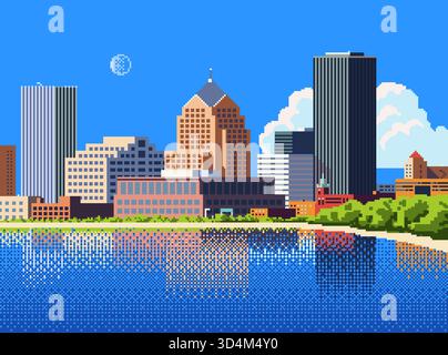 Paysage urbain dans le style pixel art. Vue d'une ville américaine reflétée dans l'eau Banque D'Images