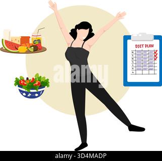 Le mode de vie sain de la fille est heureux qu'elle puisse contrôler son alimentation. Prêt à vérifier le plan de repas quotidien illustration vectorielle Illustration de Vecteur