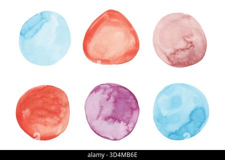 Ensemble de pois aquarelles ronds peints à la main. Cercles aquarelle colorés ensemble isolé sur fond blanc. Cercles Aquarelle Illustration de Vecteur