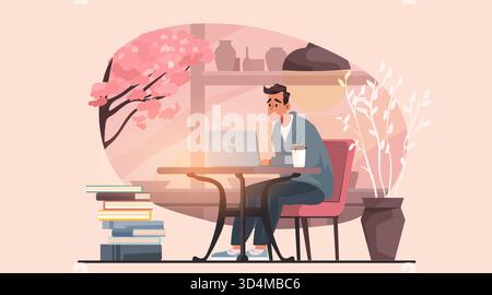 Homme travaillant ordinateur portable à la maison bureau confortable espace de travail tasse à café livres empilent les plantes d'intérieur fond d'arbre rose intérieur moderne Illustration de Vecteur