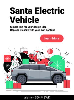 Santa véhicule électrique Noël cadeaux de voiture moderne arbre de célébration de vacances traîneau présente des formes géométriques festives bannière de site Web de fond Illustration de Vecteur