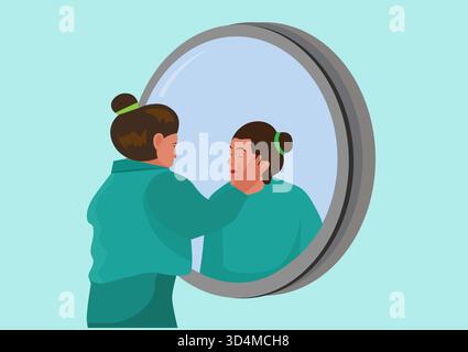 Concept d'acceptation jeune femme s'aime Une femme se tient devant un miroir, tendant la main pour réconforter son reflet. Optimi de soins de santé mentale Illustration de Vecteur