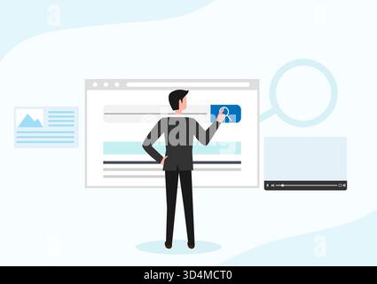 Homme d'affaires entre dans la barre de recherche avec des coins arrondis moteur de navigateur Internet avec boîte de recherche, barre d'adresse et champs de texte. Conception de l'interface utilisateur. Interface de site Web Illustration de Vecteur