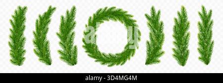 Ensemble de branche de sapin de Noël illustration vectorielle réaliste sur fond transparent. Couronne de branches de sapin, bordure de branches d'épinette de Noël Illustration de Vecteur