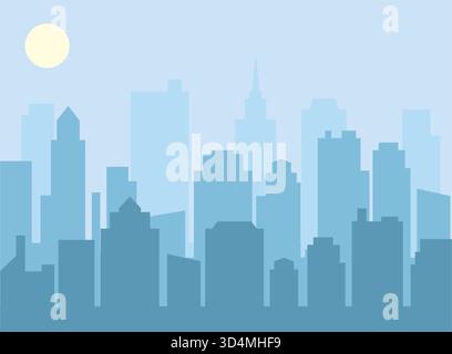 Une illustration vectorielle de style plat d'une ville de jour, mettant en valeur l'architecture urbaine moderne et les gratte-ciel. Idéal pour les projets liés à Illustration de Vecteur
