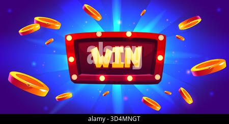 Bannière de gain de casino avec panneau lumineux et douche de pièces d'or. Affiche de jeu de gros prix avec cadre d'ampoule au néon, typographie gagnante et argent volant. Modèle de jeu Vegas avec des éléments bonus. Illustration de Vecteur
