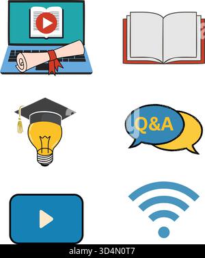 Ensemble d'icônes vectorielles illustrant l'éducation en ligne, l'apprentissage numérique et la réussite scolaire. Comprend ordinateur portable, diplôme, livre, ampoule, Q et R, pla Illustration de Vecteur