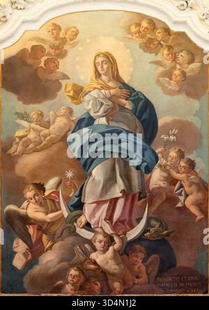 POSITANO, ITALIE - 7 OCTOBRE 2025 : la peinture de l'Immaculée conception dans la cathédrale Santa Maria Assunta par un artiste inconnu de l'année 1795 Banque D'Images