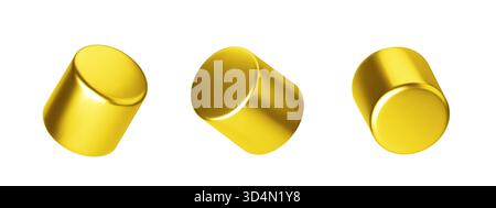Cylindres dorés 3D avec dégradé métallique et brillance réaliste. Formes géométriques abstraites dans le style vectoriel de luxe. Éléments dorés brillants modernes pour Illustration de Vecteur