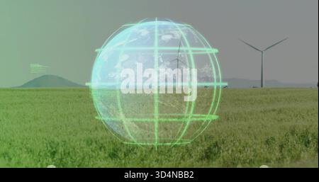 Globe holographique vert néon planant projetant des lignes de grille au-dessus d'un parc éolien herbeux, montrant des turbines Banque D'Images