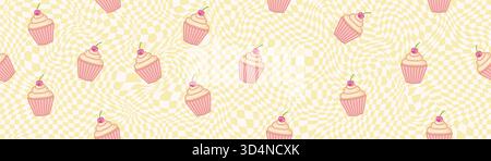 Fond en damier déformé avec des cupcakes roses et un motif groovy jaune pour un design rétro Illustration de Vecteur