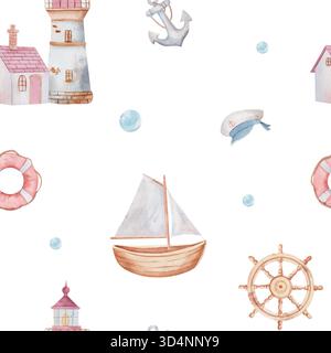 Modèle nautique sans couture d'aquarelle avec phare, voilier, ancre, bouée de sauvetage, chapeau de capitaine, et roue de bateau. Parfait pour les conceptions d'enfants, les tissus, les papiers peints et les décorations d'été Banque D'Images