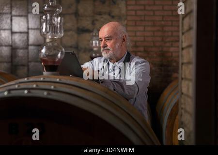 Un homme vérifie les détails du vin sur une tablette tout en se tenant à côté de tonneaux en bois dans une cave. Banque D'Images