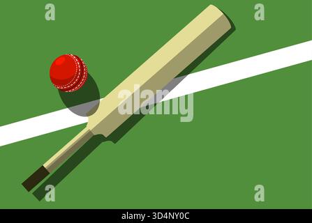 Batte de cricket et balle se trouve sur le terrain de cricket, vue d'en haut, affiche de sport, vecteur Illustration de Vecteur