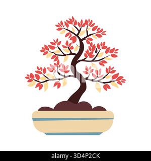 Une illustration vectorielle plate colorée d'un arbre bonsaï dans un pot en céramique, symbole d'harmonie et de patience Illustration de Vecteur
