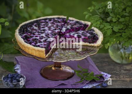 Nourriture, tarte finlandaise aux myrtilles sur table en bois dans le jardin d'été, style rustique, pique-nique en plein air, foyer sélectif Banque D'Images