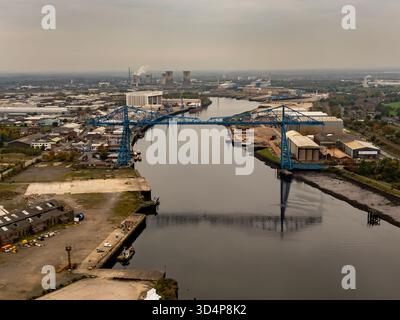 Une vue aérienne de l'emblématique transporter Bridge à Middlesbrough, Royaume-Uni Banque D'Images