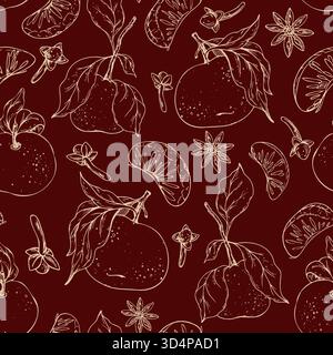 Un motif sans couture dessiné à la main avec des mandarines, des clous de girofle et de l'anis étoilé. Cette illustration graphique minimaliste est parfaite pour Noël Illustration de Vecteur