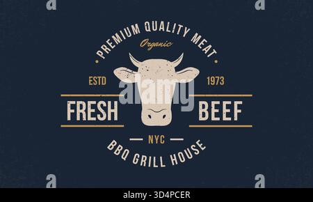 Boeuf, logo de vache. Logo tendance de bœuf frais, emblème, affiche avec tête de vache. Typographie vintage. Modèle d'emblème graphique pour barbecue, steak House, restauran Illustration de Vecteur