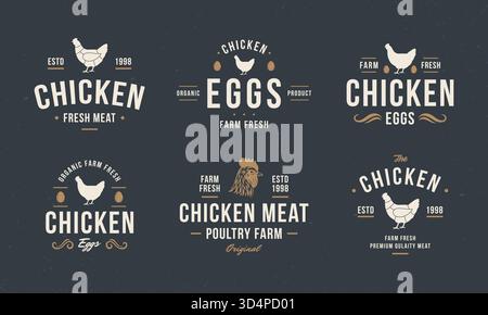 Oeuf de poulet, logo viande de poulet, étiquette. Modèles de logo de poulet vintage avec silhouette de poule. Emblèmes de volaille hipster rétro et affiches pour le restaurant, b Illustration de Vecteur