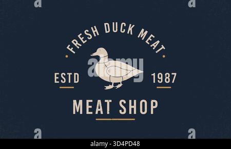 Logo de viande de canard, étiquette, emblème. Logo de magasin de viande avec silhouette de canard. Bannière, affiche pour magasin de viande, boucherie, restaurant. Illustration vectorielle Illustration de Vecteur