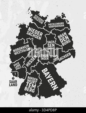 Carte de l'Allemagne avec les états. Carte d'affiche de l'Allemagne avec les noms des États. Fond vintage Allemagne. Illustration vectorielle Illustration de Vecteur