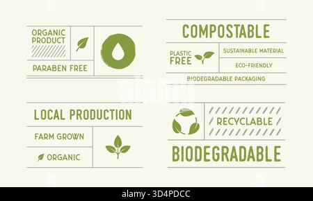 Jeu d'étiquettes pour aliments biologiques. Étiquettes vintage tendance pour les produits biologiques, les restaurants, les magasins d'alimentation et les emballages. Illustration vectorielle Illustration de Vecteur