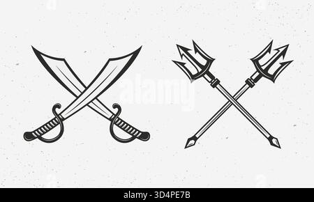 Épées de sabre pirate et tridents Poséidon. Icônes nautiques isolées sur fond blanc. Modèle de logo nautique. Illustration vectorielle Illustration de Vecteur