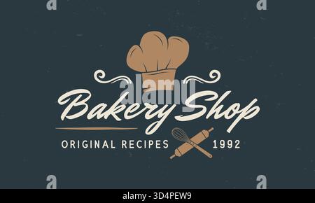 Logo de la boulangerie. Boulangerie, cuisine, modèle d'emblème de Bakehouse avec chapeau de chef, rouleau à pâtisserie et fouet. Logo cours de cuisine. Logo Hipster vintage de Bakehouse Illustration de Vecteur