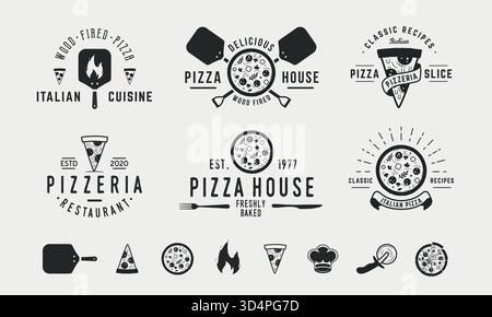 Modèles de logo hipster vintage et 8 éléments de design pour pizzeria et boulangerie. Modèles d'emblèmes de pizza, boulangerie et restaurant. Pizza, Chef, four, feu Illustration de Vecteur