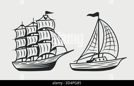 Vieux navire vintage et bateau ou Yacht isolé sur fond blanc. Voiliers, icônes de voiliers. Éléments pour logo nautique, affiche, modèle de bannière. VE Illustration de Vecteur