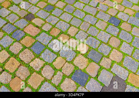 Texture de route pavée, fond abstrait de pavé pavé gros plan, vieille texture pavée en pierre de rue Banque D'Images