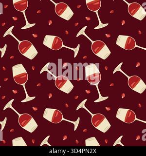 Vecteur dessin à la main motif sans couture avec des graines de grenade et des verres de vin rouge Illustration de Vecteur