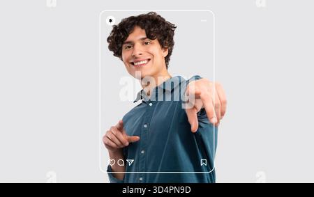 Heureux jeune homme posant avec enthousiasme dans un cadre de collage de médias sociaux Banque D'Images