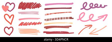 illustration : marqueur de rouge à lèvres dessiné à la main ou signe de surligneur cosmétique de rouge à lèvres et des éléments définis dans les nuances de rouge, rose et couleur de peau isolé sur whit Banque D'Images