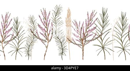 branches séchées délicates en rangée verticale, motif d'aquarelle botanique pour textile et papeterie durables, bordure horizontale sans couture isolée dessinée à la main Banque D'Images