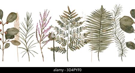 Aquarelle feuilles botaniques et brindilles de fougères disposées sur fond blanc, délicats eucalyptus et frondes de palmier peints en sourdine, aquarelle dessinée à la main, frontière horizontale sans couture isolée Banque D'Images